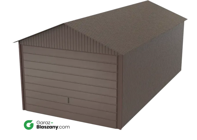 Garaż blaszany 3x6 brązowy BŁYSK dach dwuspadowy brama uchylna