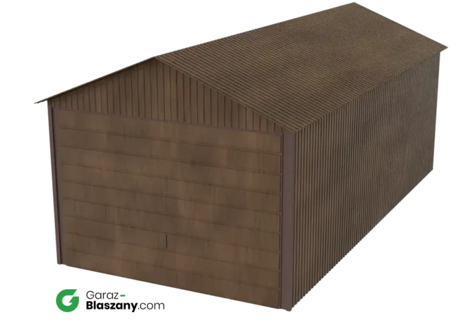 Garaż blaszany 3x6 drewnopodobny Orzech dach dwuspadowy brama uchylna