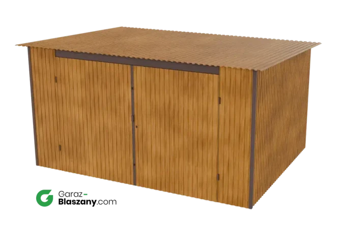 Garaż blaszany 4x3 drewnopodobny Złoty Dąb dach jednospadowy brama dwuskrzydłowa