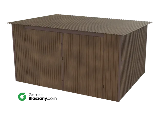 Garaż blaszany 4x3 drewnopodobny Orzech dach jednospadowy brama dwuskrzydłowa