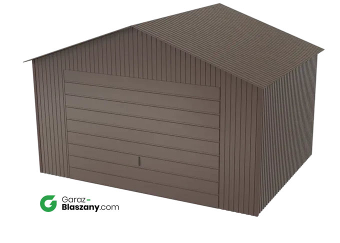 Garaż blaszany 4x3 brązowy BŁYSK dach dwuspadowy brama dwuskrzydłowa