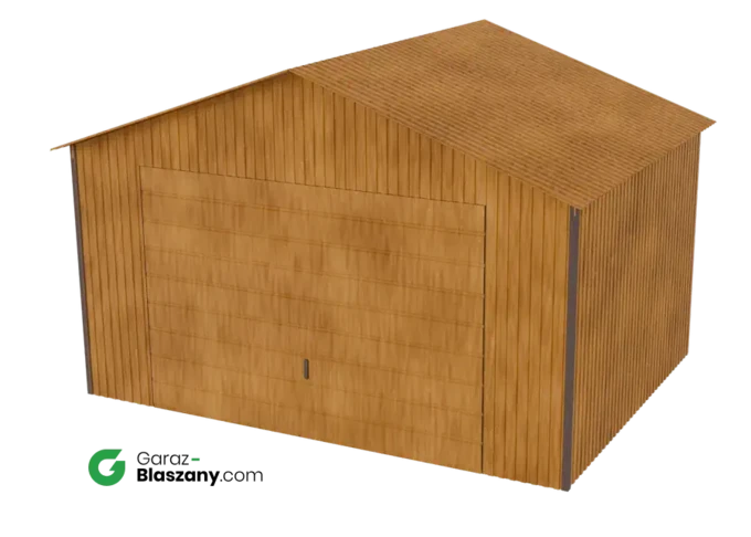 Garaż blaszany 4x3 drewnopodobny Złoty Dąb dach dwuspadowy brama dwuskrzydłowa