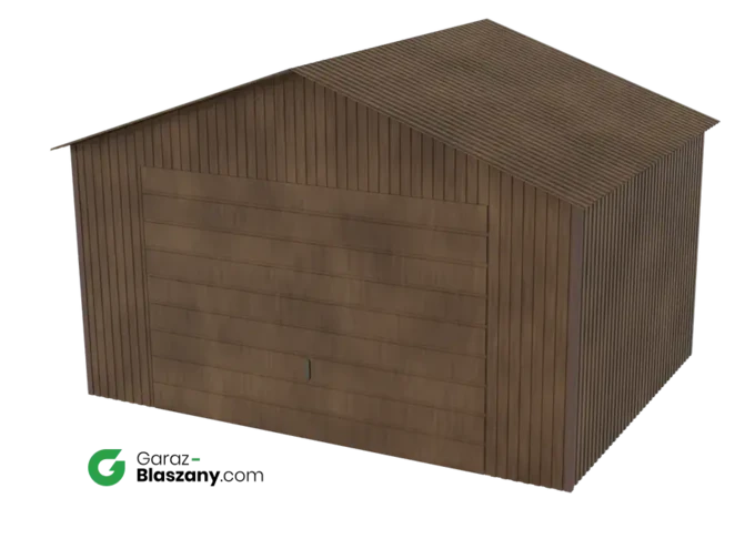 Garaż blaszany 4x3 drewnopodobny Orzech dach dwuspadowy brama dwuskrzydłowa