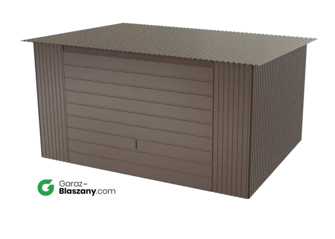 Garaż blaszany 4x3 brązowy BŁYSK dach jednospadowy brama uchylna