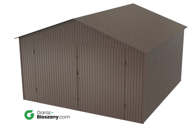 Garaż blaszany 4x4 brązowy MAT dach dwuspadowy brama dwuskrzydłowa