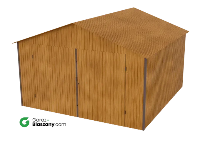 Garaż blaszany 4x4 drewnopodobny Złoty Dąb dach dwuspadowy brama dwuskrzydłowa