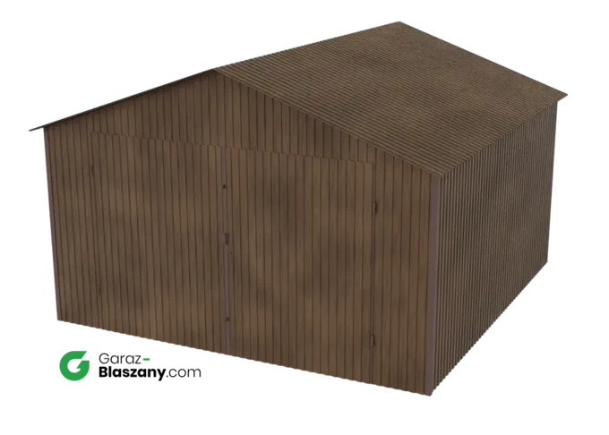 Garaż blaszany 4x4 drewnopodobny Orzech dach dwuspadowy brama dwuskrzydłowa