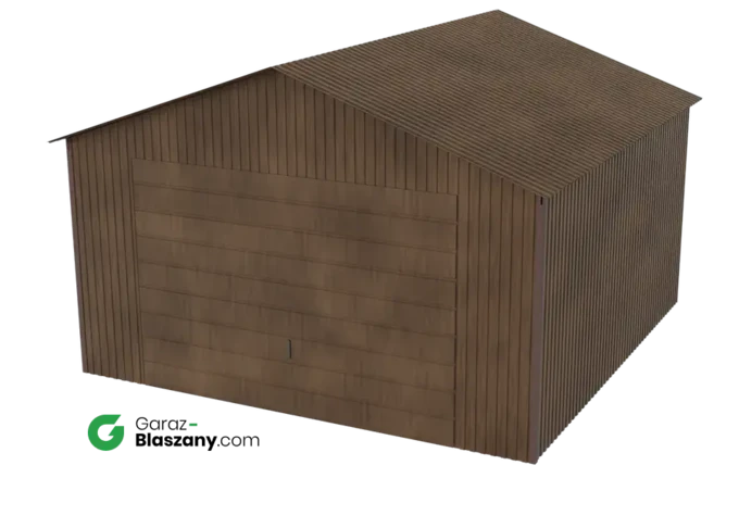 Garaż blaszany 4x4 drewnopodobny Orzech dach dwuspadowy brama uchylna