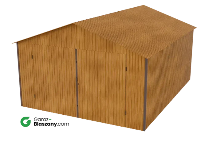Garaż blaszany 4x5 drewnopodobny Złoty Dąb dach dwuspadowy brama dwuskrzydłowa