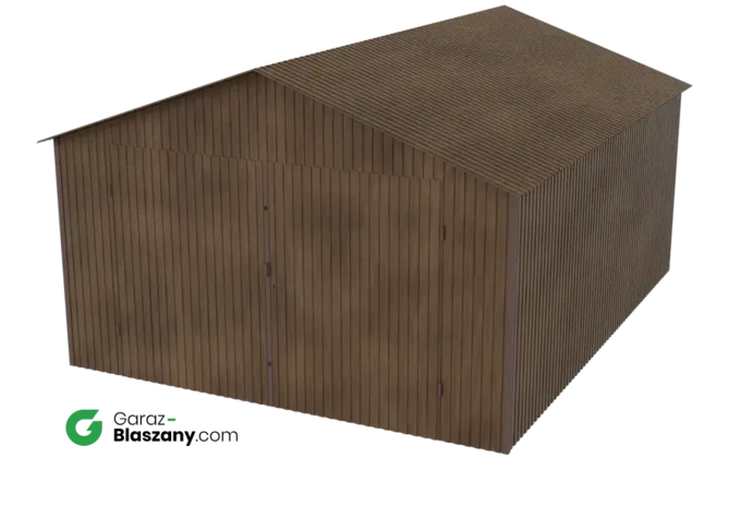 Garaż blaszany 4x5 drewnopodobny Orzech dach dwuspadowy brama dwuskrzydłowa