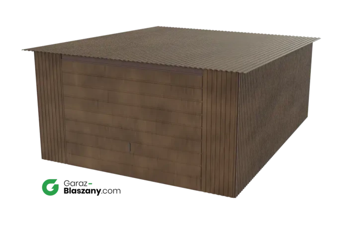 Garaż blaszany 4x5 drewnopodobny Orzech dach jednospadowy brama uchylna