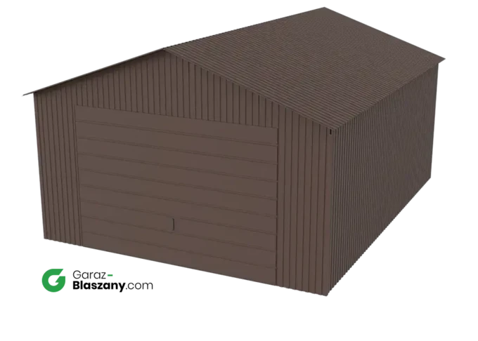 Garaż blaszany 4x5 brązowy MAT dach dwuspadowy brama uchylna