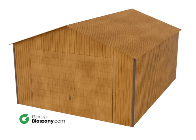 Garaż blaszany 4x5 drewnopodobny Złoty Dąb dach dwuspadowy brama uchylna