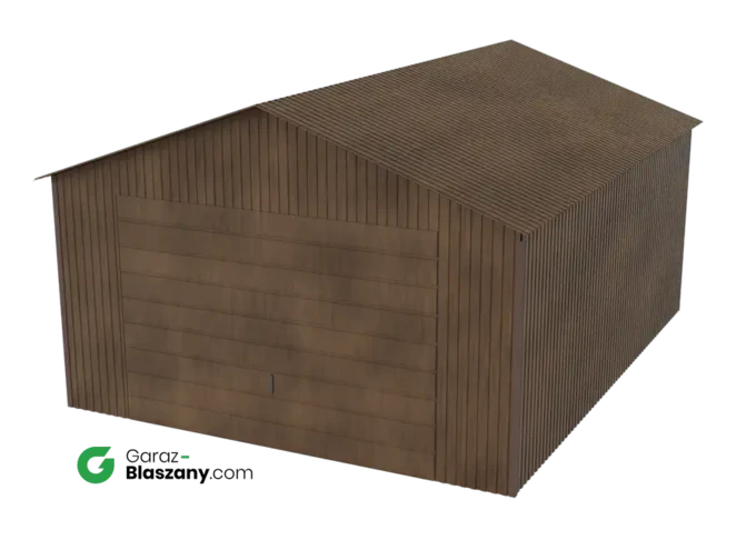 Garaż blaszany 4x5 drewnopodobny Orzech dach dwuspadowy brama uchylna