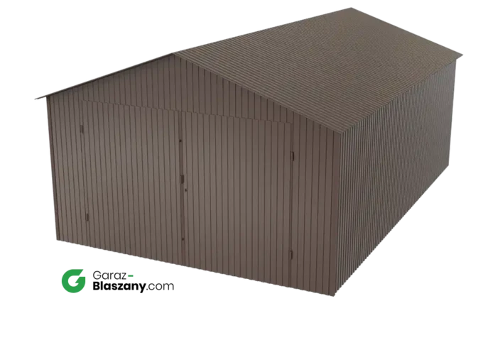 Garaż blaszany 4x6 brązowy BŁYSK dach dwuspadowy brama dwuskrzydłowa