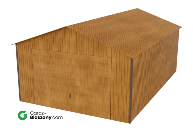 Garaż blaszany 4x6 drewnopodobny Złoty Dąb dach dwuspadowy brama uchylna