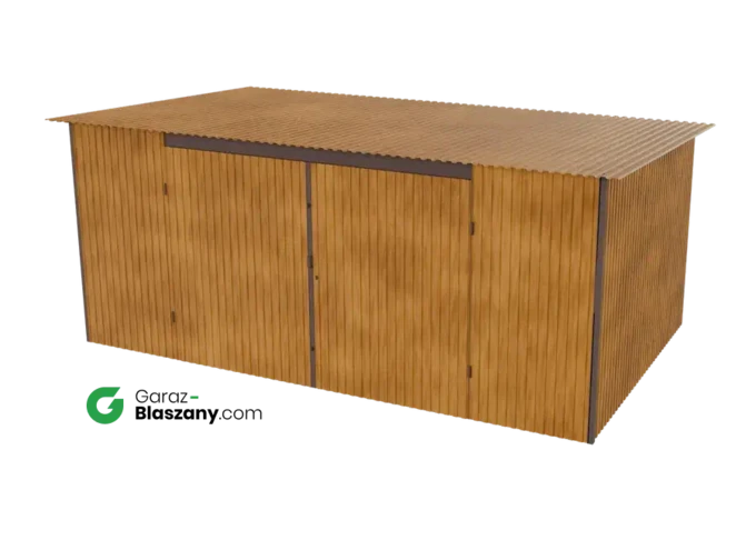 Garaż blaszany 5x3 drewnopodobny Złoty Dąb dach jednospadowy brama dwuskrzydłowa