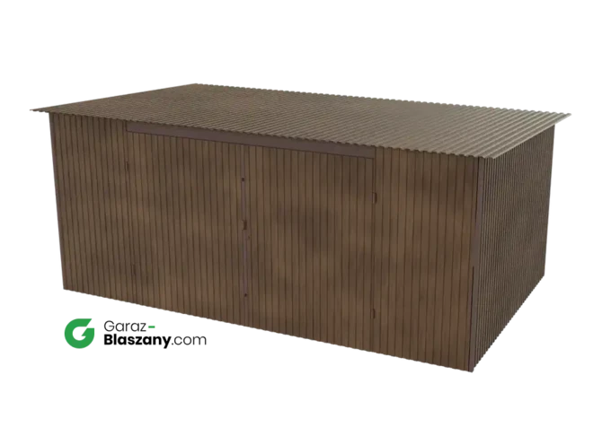 Garaż blaszany 5x3 drewnopodobny Orzech dach jednospadowy brama dwuskrzydłowa
