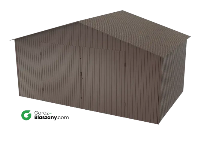 Garaż blaszany 5x3 brązowy BŁYSK dach dwuspadowy brama dwuskrzydłowa