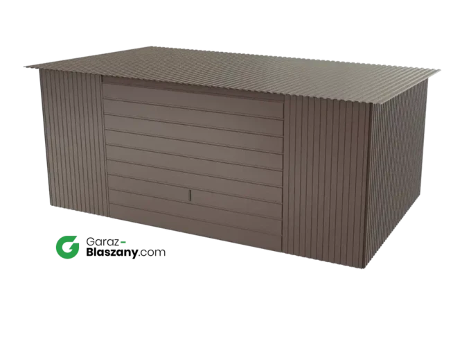 Garaż blaszany 5x3 brązowy BŁYSK dach jednospadowy brama uchylna