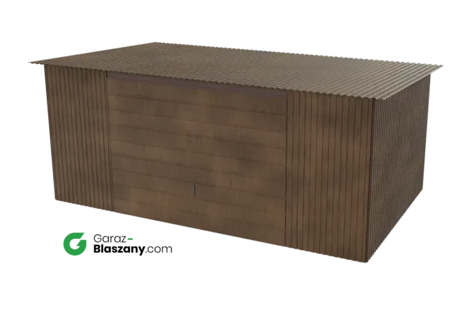 Garaż blaszany 5x3 drewnopodobny Orzech dach jednospadowy brama uchylna