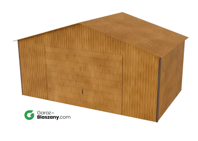Garaż blaszany 5x3 drewnopodobny Złoty Dąb dach dwuspadowy brama uchylna