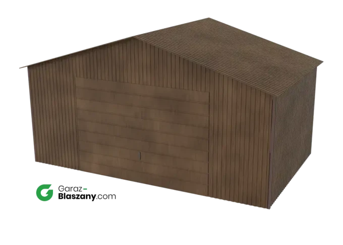 Garaż blaszany 5x3 drewnopodobny Orzech dach dwuspadowy brama uchylna