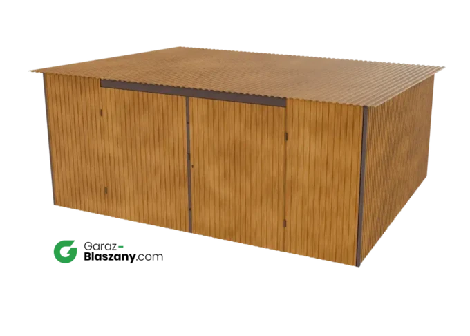Garaż blaszany 5x4 drewnopodobny Złoty Dąb dach jednospadowy brama dwuskrzydłowa