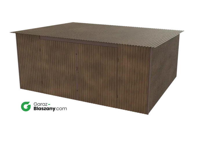 Garaż blaszany 5x4 drewnopodobny Orzech dach jednospadowy brama dwuskrzydłowa