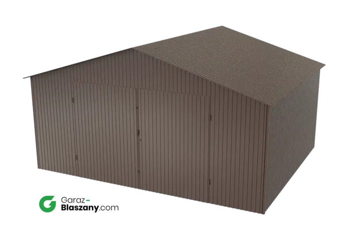 Garaż blaszany 5x4 brązowy BŁYSK dach dwuspadowy brama dwuskrzydłowa