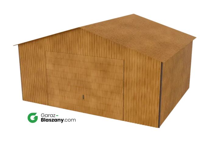 Garaż blaszany 5x4 drewnopodobny Złoty Dąb dach dwuspadowy brama uchylna