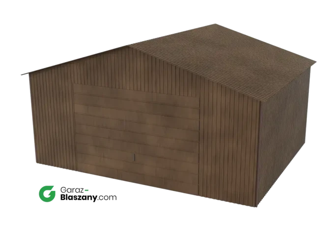 Garaż blaszany 5x4 drewnopodobny Orzech dach dwuspadowy brama uchylna