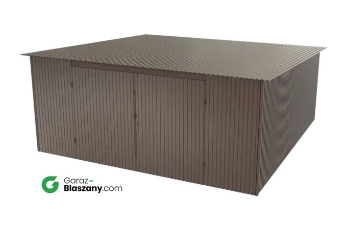 Garaż blaszany 5x5 brązowy BŁYSK dach jednospadowy brama dwuskrzydłowa