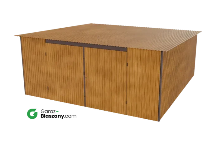 Garaż blaszany 5x5 drewnopodobny Złoty Dąb dach jednospadowy brama dwuskrzydłowa