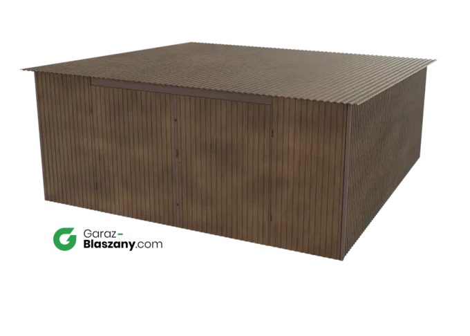 Garaż blaszany 5x5 drewnopodobny Orzech dach jednospadowy brama dwuskrzydłowa