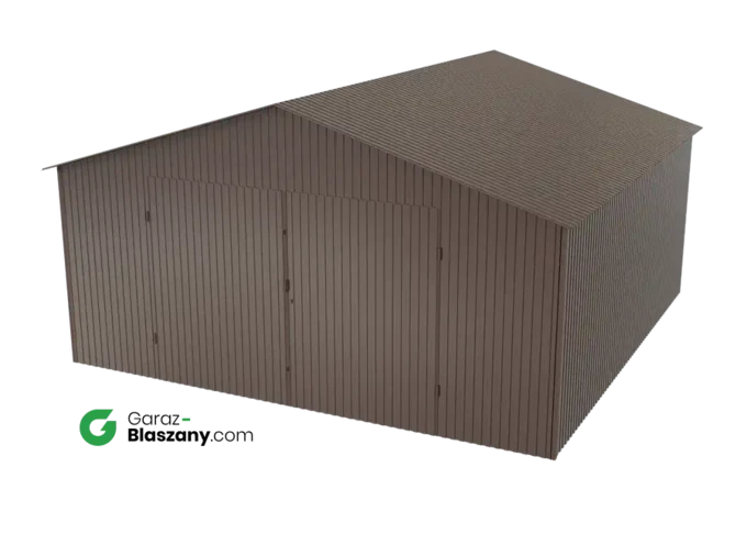 Garaż blaszany 5x5 brązowy BŁYSK dach dwuspadowy brama dwuskrzydłowa