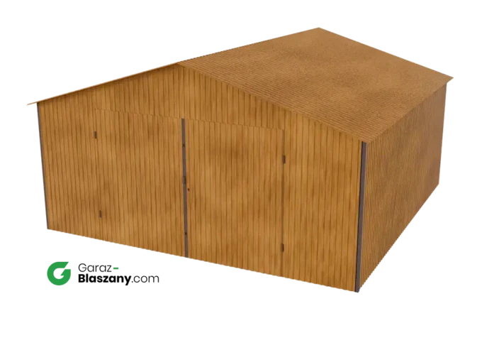 Garaż blaszany 5x5 drewnopodobny Złoty Dąb dach dwuspadowy brama dwuskrzydłowa