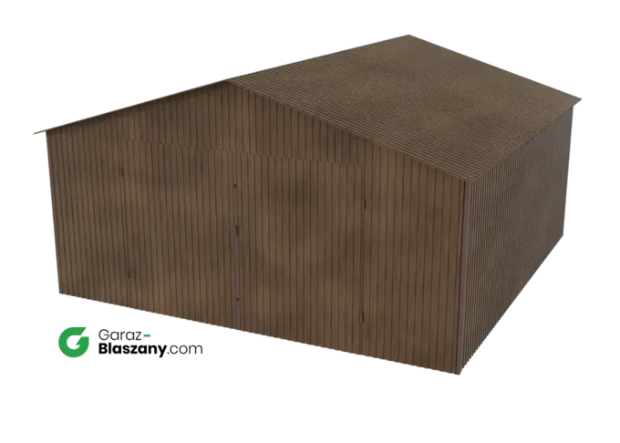 Garaż blaszany 5x5 drewnopodobny Orzech dach dwuspadowy brama dwuskrzydłowa