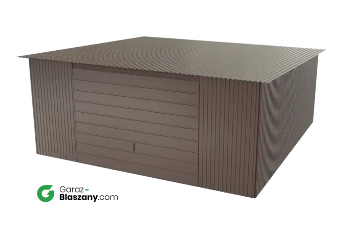 Garaż blaszany 5x5 brązowy BŁYSK dach jednospadowy brama uchylna