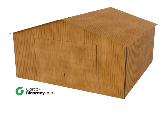 Garaż blaszany 5x5 drewnopodobny Złoty Dąb dach dwuspadowy brama uchylna