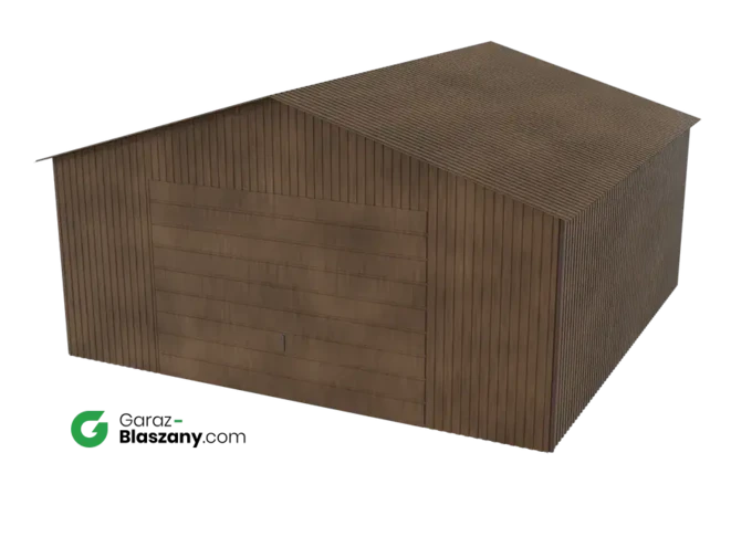 Garaż blaszany 5x5 drewnopodobny Orzech dach dwuspadowy brama uchylna