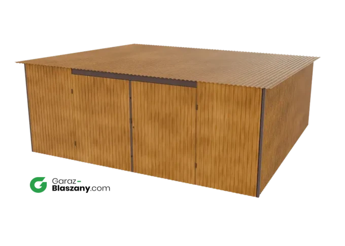 Garaż blaszany 5,5x5 drewnopodobny Złoty Dąb dach jednospadowy brama dwuskrzydłowa