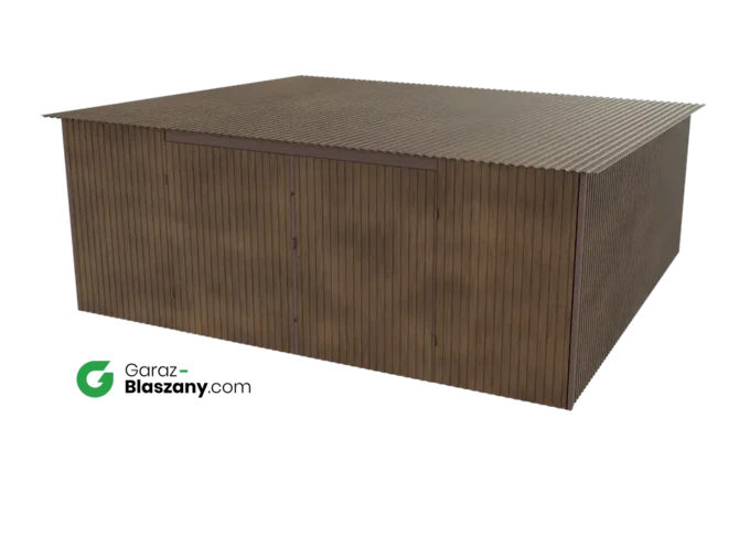 Garaż blaszany 5,5x5 drewnopodobny Orzech dach jednospadowy brama dwuskrzydłowa