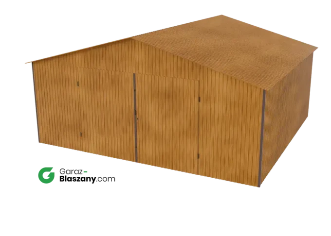 Garaż blaszany 5,5x5 drewnopodobny Złoty Dąb dach dwuspadowy brama dwuskrzydłowa