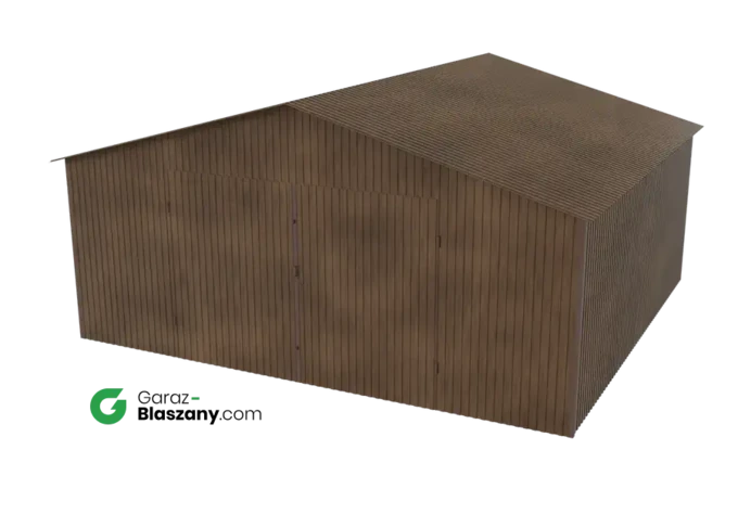 Garaż blaszany 5,5x5 drewnopodobny Orzech dach dwuspadowy brama dwuskrzydłowa