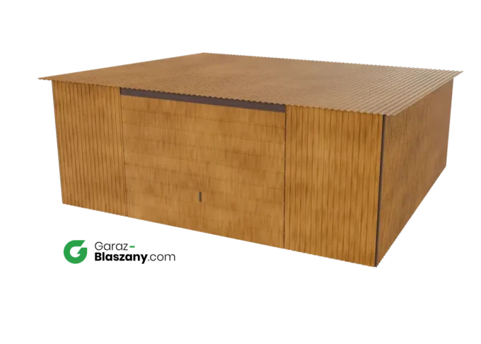 Garaż blaszany 5,5x5 drewnopodobny Złoty Dąb dach jednospadowy brama uchylna