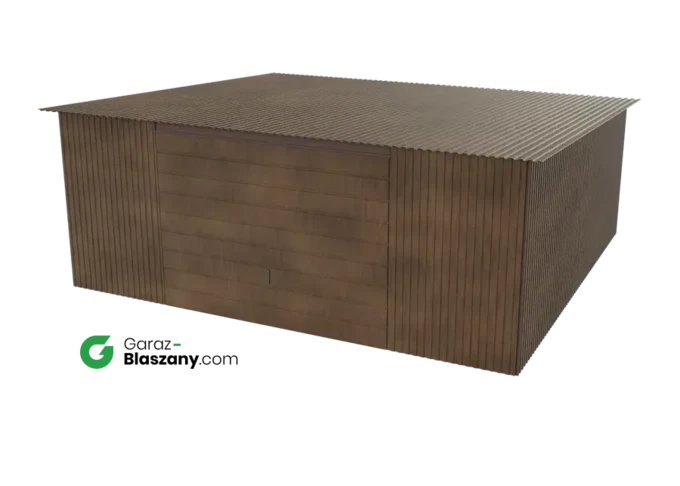 Garaż blaszany 5,5x5 drewnopodobny Orzech dach jednospadowy brama uchylna