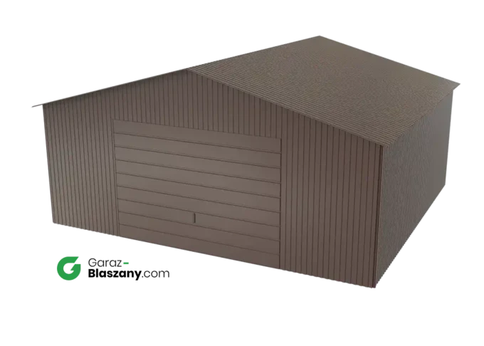 Garaż blaszany 5,5x5 brązowy BŁYSK dach dwuspadowy brama uchylna
