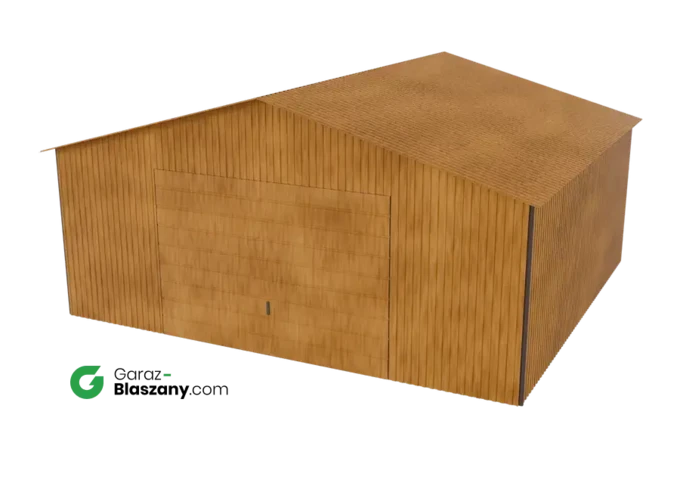 Garaż blaszany 5,5x5 drewnopodobny Złoty Dąb dach dwuspadowy brama uchylna