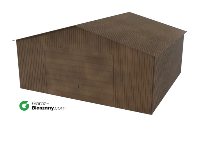 Garaż blaszany 5,5x5 drewnopodobny Orzech dach dwuspadowy brama uchylna
